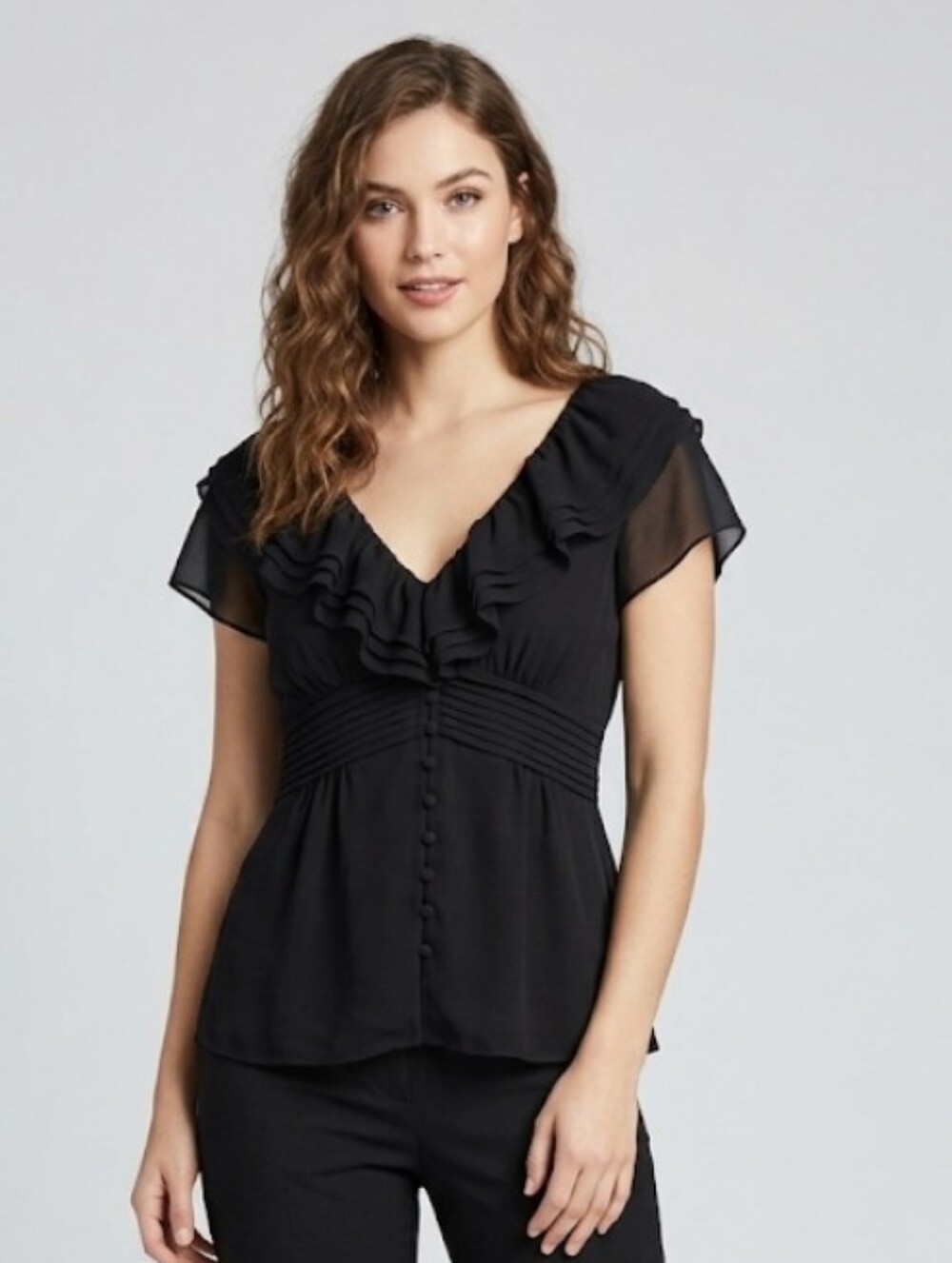 Black Ruffled Button Up Sheer Top, Small